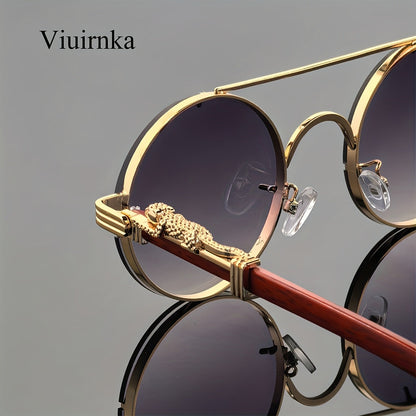 Lunettes de soleil rondes à monture en métal avec verres dégradés pour hommes et femmes – Luxe, double pont, détails léopard sur les charnières, verres en polycarbonate dégradés, étui inclus, style chic pour les vacances et la ville