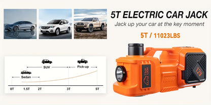 Cric hydraulique électrique de 5 tonnes avec pompe à air intégrée - Élévateur de voiture portable pour le remplacement des pneus de SUV, monospaces et camions, et entretien en garage, clé à chocs électrique en option, outil d'urgence routière