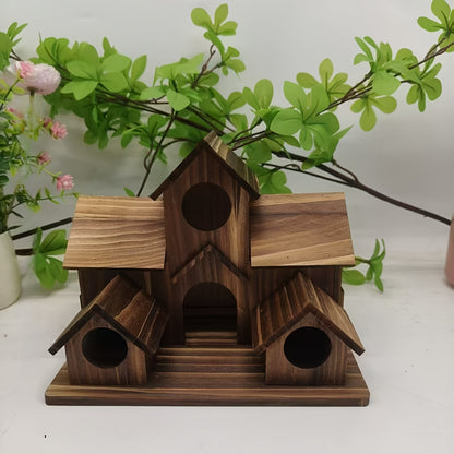 Nichoir rustique en bois pour jardin extérieur - Mangeoire à oiseaux et nichoir suspendu multi-niveaux à compartiments multiples, style villa - Décoration de jardin personnalisable à peindre pour attirer les oiseaux sauvages - Couleur bois naturel