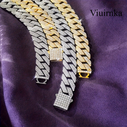 Collier chaîne maille cubaine pour homme style hip-hop avec incrustation de pierres synthétiques – Tons argent et or, 45 cm / 50 cm, coffret cadeau inclus, bijou audacieux pour toutes les occasions
