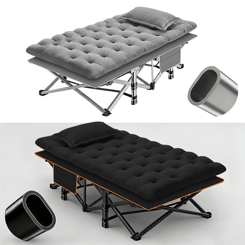 Lit de camping pliant avec matelas et poches latérales – Lit de camp portable robuste pour adultes, lit d'appoint pliable pour le camping, l'extérieur, la terrasse, le bureau ou la chambre d'amis