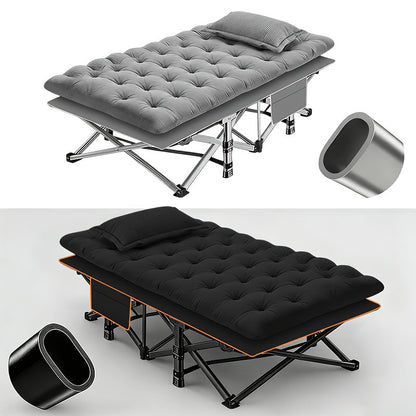 Lit de camping pliant avec matelas et poches latérales – Lit de camp portable robuste pour adultes, lit d'appoint pliable pour le camping, l'extérieur, la terrasse, le bureau ou la chambre d'amis