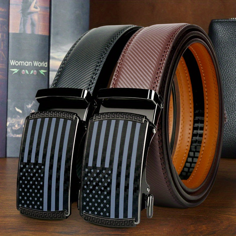 Lot de 2 ceintures à cliquet en cuir refendu pour homme – Motif drapeau américain avec boucle automatique en alliage, ceintures réglables style golf et décontracté en noir et marron, tailles 110 cm à 130 cm (tour de taille 76 cm-112 cm)