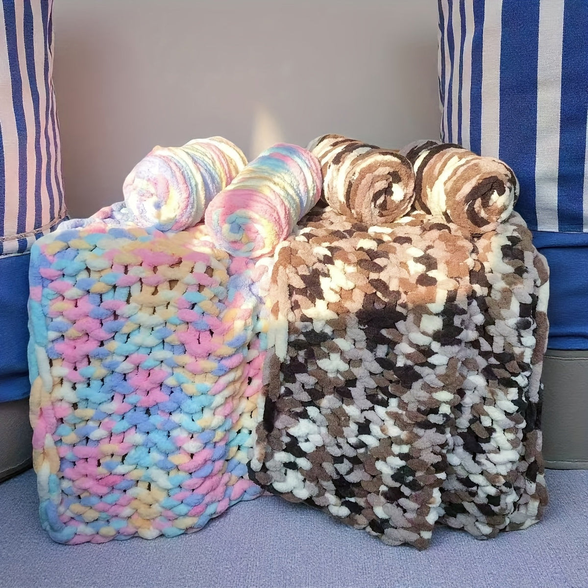 Fil chenille épais, 2 écheveaux de 500 g, laine pour tricot et crochet, rayé multicolore, polyester doux, extra épais, pelucheux, cadeau DIY pour femmes et hommes