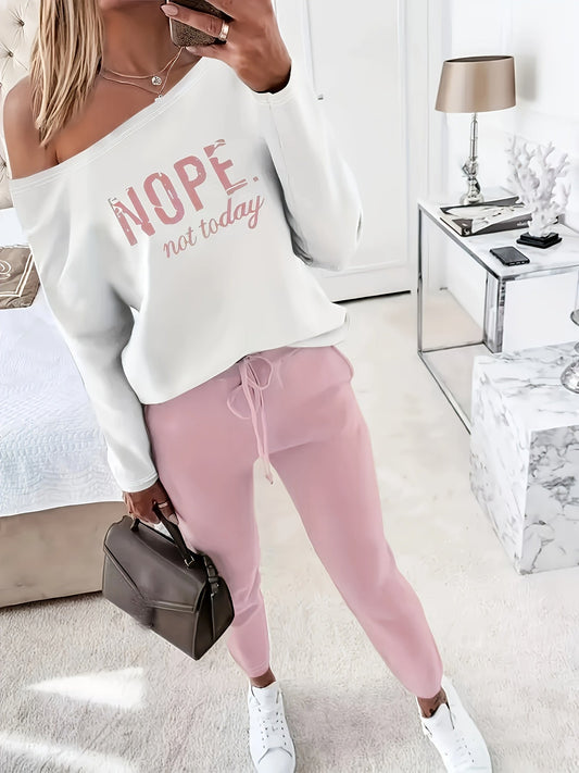 Ensemble 2 pièces pour femme : t-shirt décontracté à manches longues avec imprimé lettres et pantalon large, tenue d'intérieur assortie, blanc, rose, noir, S-XXL