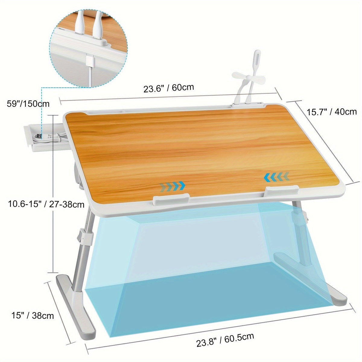 Plateau de lit pour ordinateur portable avec lampe USB, ventilateur et tiroir – Support d'ordinateur portable portable et réglable pour lit, canapé, bureau pour lire, écrire, manger, 10 couleurs et tailles