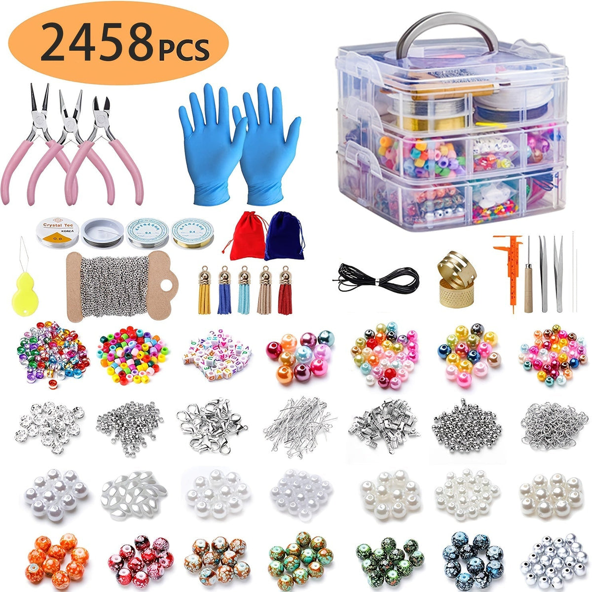 Kit de fabrication de bijoux DIY, 4655 perles pour bracelets, colliers et boucles d'oreilles avec boîte de rangement à 3 niveaux, breloques lettres et outils, cadeau pour filles et femmes