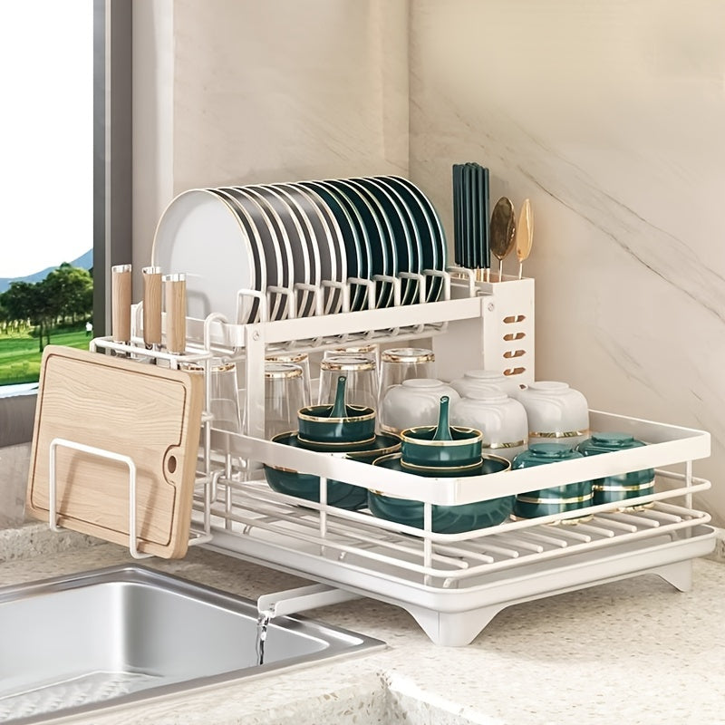 Égouttoir à vaisselle à 2 niveaux pour comptoir de cuisine avec plateau d'égouttage, tapis de drainage, porte-couteaux, porte-fourchettes, porte-gobelets, organisateur d'ustensiles, accessoire de cuisine, cadeau pour femme pour la fête des mères