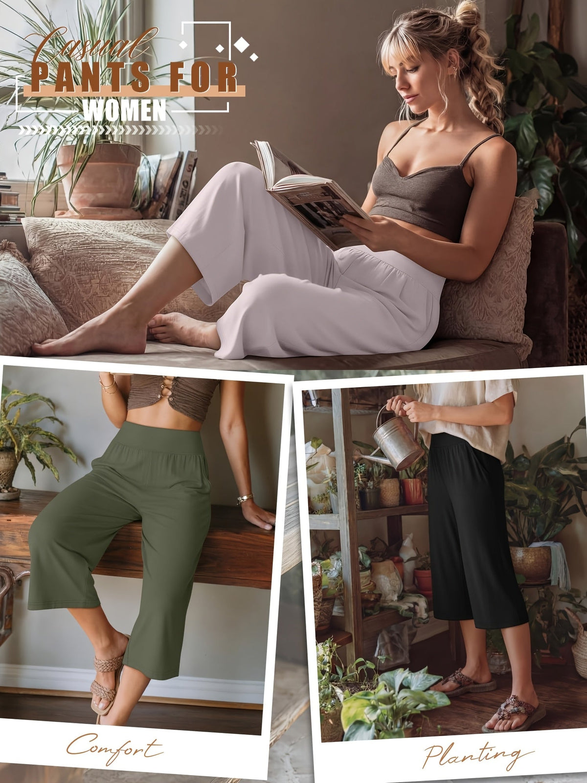 Lot de 3 pantalons Capri pour femme – Pantalons de jogging amples style détente, coupés avec poches et taille élastique, pantalon Capri de yoga pour le printemps, l'été, l'automne et les tenues décontractées du week-end