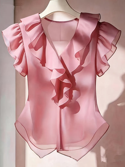 Haut femme en mousseline à manches courtes et volants – Chemisier d'été décontracté coupe évasée, couleur unie, disponible en 21 coloris, 100 % polyester tissé