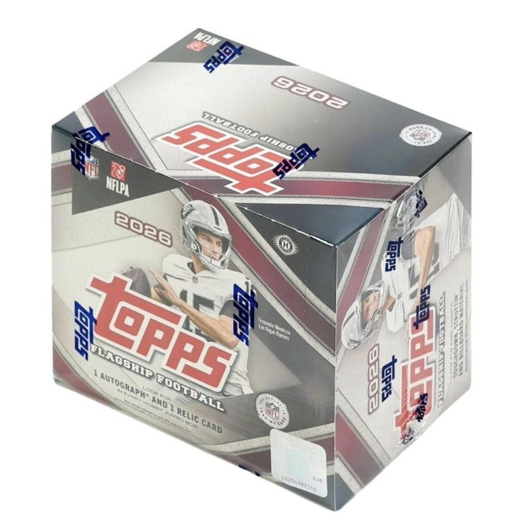 Coffret Hobby Jumbo NFL Topps Flagship 2026 – 1 autographe et 1 carte relique garantis, 10 paquets de 40 cartes chacun, inserts de recrues Mahomes et Brady, autographes « Victory Ink » – Coffret de collection premium scellé en usine