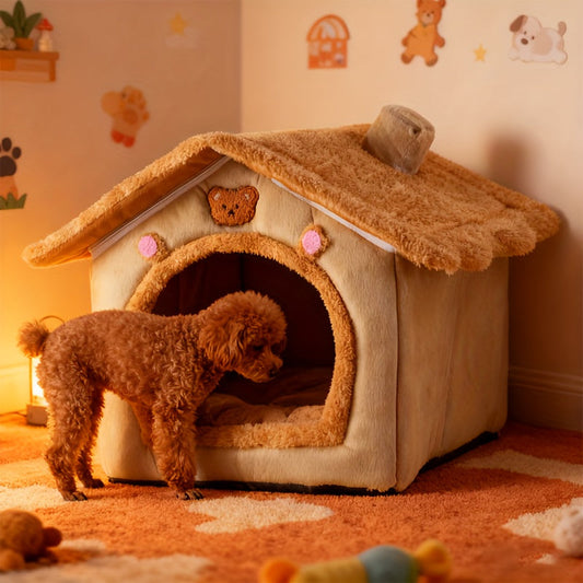 Cute House Dog Bed for Small Dogs - Warm Winter Plush Thick Cushion Pet House Bed for Teddy Chihuahua Pomeranian Bichon Schnauzer Bulldog, Indoor Dog Room Cozy Sleeping Nest