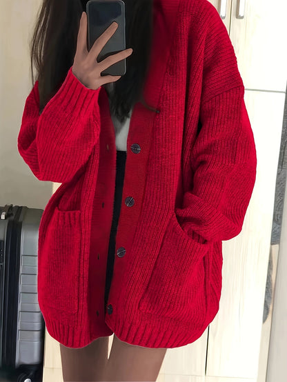 Gilet cardigan oversize en maille côtelée à col en V et boutons pour femme, idéal pour l'automne et l'hiver, confortable et décontracté.