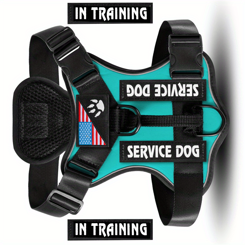 Harnais anti-traction pour chien avec gilet réfléchissant et 5 écussons – Harnais de service réglable en maille Oxford souple, avec attaches avant et arrière pour chiens de petite, moyenne et grande taille, de XS à XL