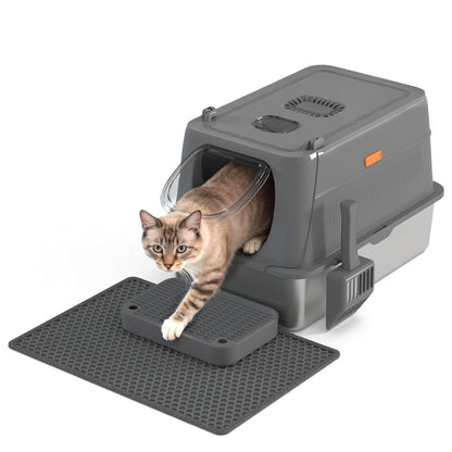 Bac à litière pour chat surdimensionné en acier inoxydable avec couvercle, toilette intérieure pliable anti-éclaboussures avec porte à rabat avant et contrôle supérieur des odeurs