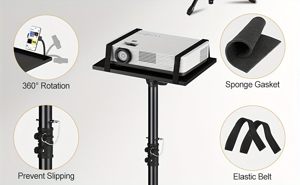 Trépied pour projecteur et ordinateur portable – Hauteur réglable avec support de téléphone col-de-cygne, plateau inclinable à 180°, capacité de 10 kg, support au sol portable pour bureau, maison, scène, studio et DJ