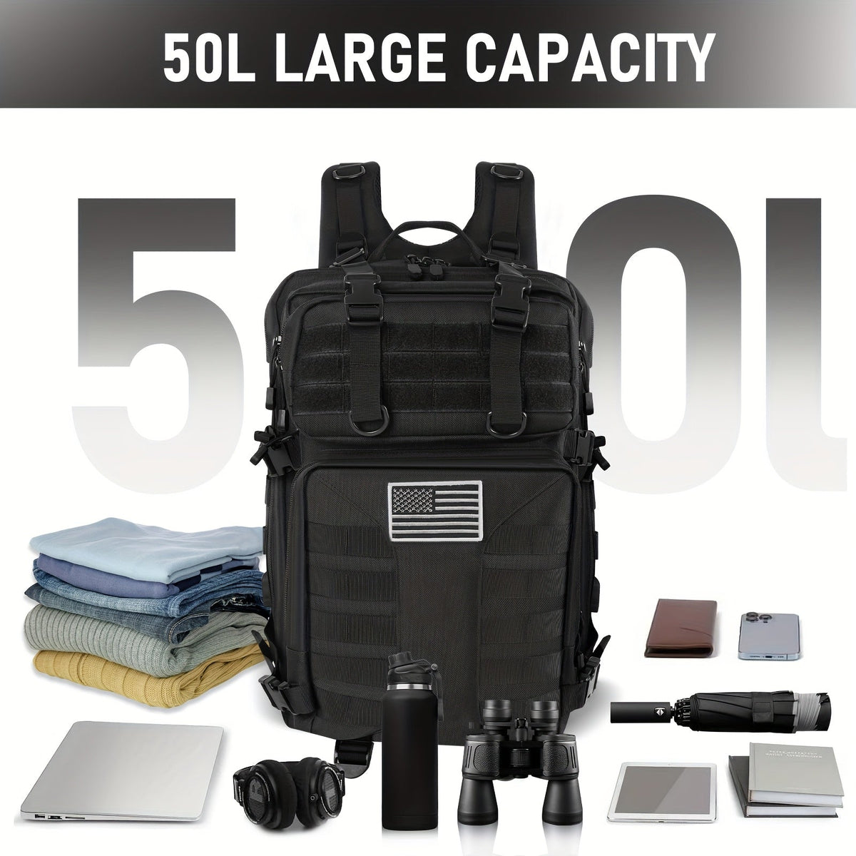 Sac à dos tactique unisexe haute capacité 50L – Sac militaire MOLLE pour le camping, la pêche, la chasse, la randonnée et les voyages – 13 options de couleurs incluant des variantes avec sac à main et sac de rangement