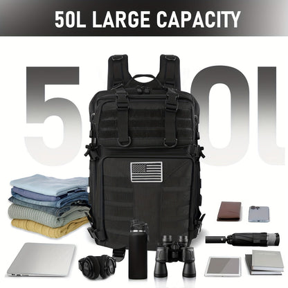 Sac à dos tactique unisexe haute capacité 50L – Sac militaire MOLLE pour le camping, la pêche, la chasse, la randonnée et les voyages – 13 options de couleurs incluant des variantes avec sac à main et sac de rangement