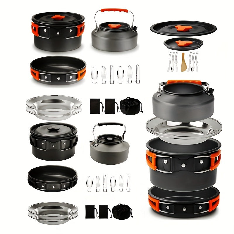 Set de cuisine de camping portable pour 2-3 personnes – Casserole antiadhésive, poêle et bouilloire avec rangement pliable, kit de cuisine d'extérieur léger pour la randonnée, le trekking et les voyages