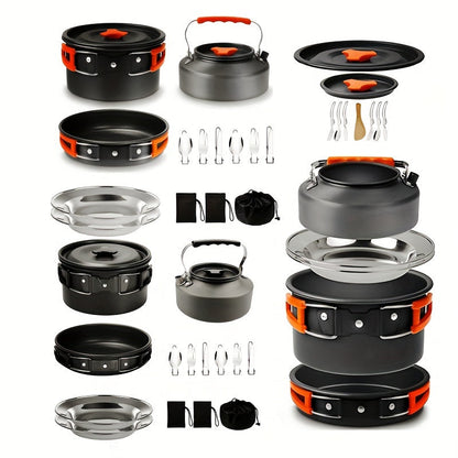 Set de cuisine de camping portable pour 2-3 personnes – Casserole antiadhésive, poêle et bouilloire avec rangement pliable, kit de cuisine d'extérieur léger pour la randonnée, le trekking et les voyages