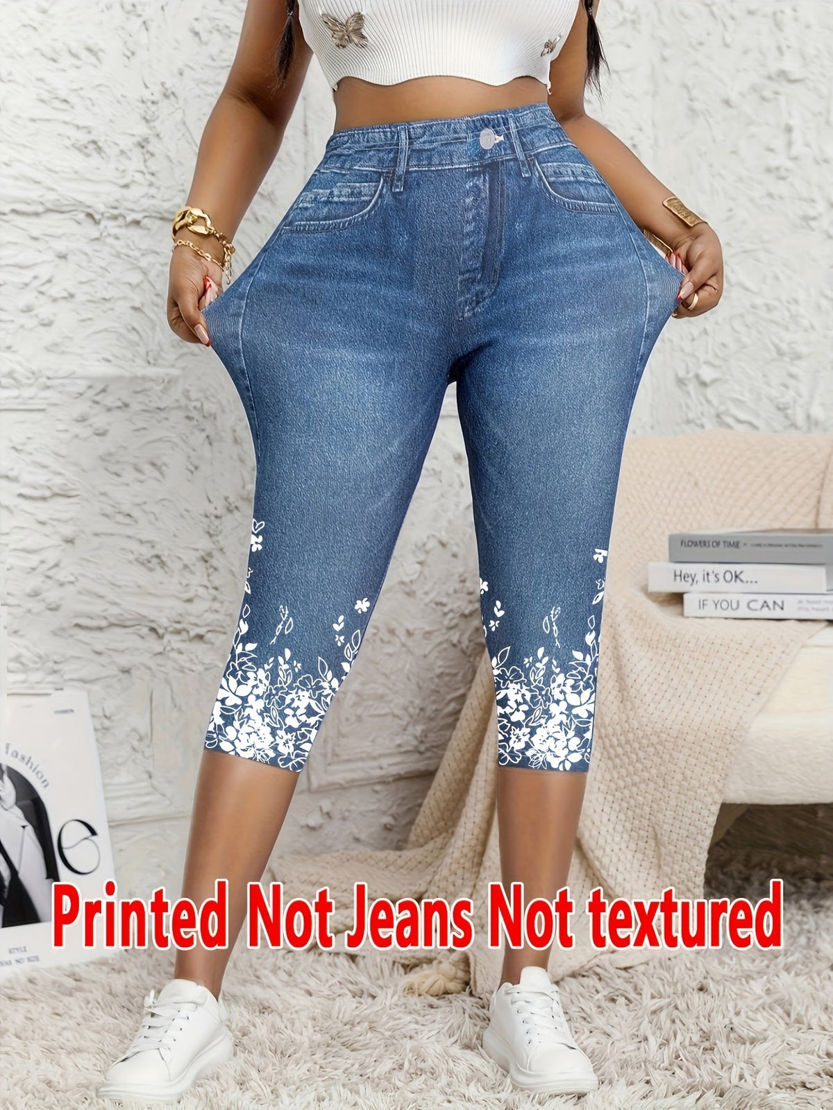 Legging Capri pour femme effet jean, pantalon stretch moulant imprimé, pantalon court, couleurs mélangées bleu fleur, S M L XL XXL