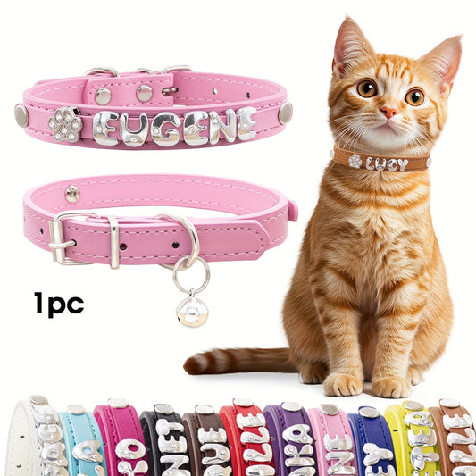 Collier pour chat et chien en similicuir personnalisé avec médaille, collier d'identification sur mesure pour petits et moyens chiens et chats, collier réglable pour animal de compagnie avec breloque exquise, 11 couleurs du XS au M
