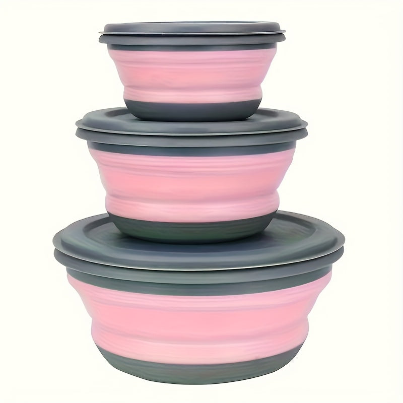 Ensemble de 3 bols de camping pliables en silicone avec couvercles, ustensiles pliants et sac de rangement, contenants alimentaires empilables et portables pour le camping, la randonnée, les voyages et le déjeuner, bleu/rose