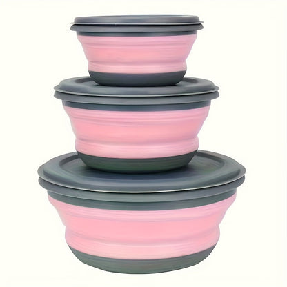Ensemble de 3 bols de camping pliables en silicone avec couvercles, ustensiles pliants et sac de rangement, contenants alimentaires empilables et portables pour le camping, la randonnée, les voyages et le déjeuner, bleu/rose