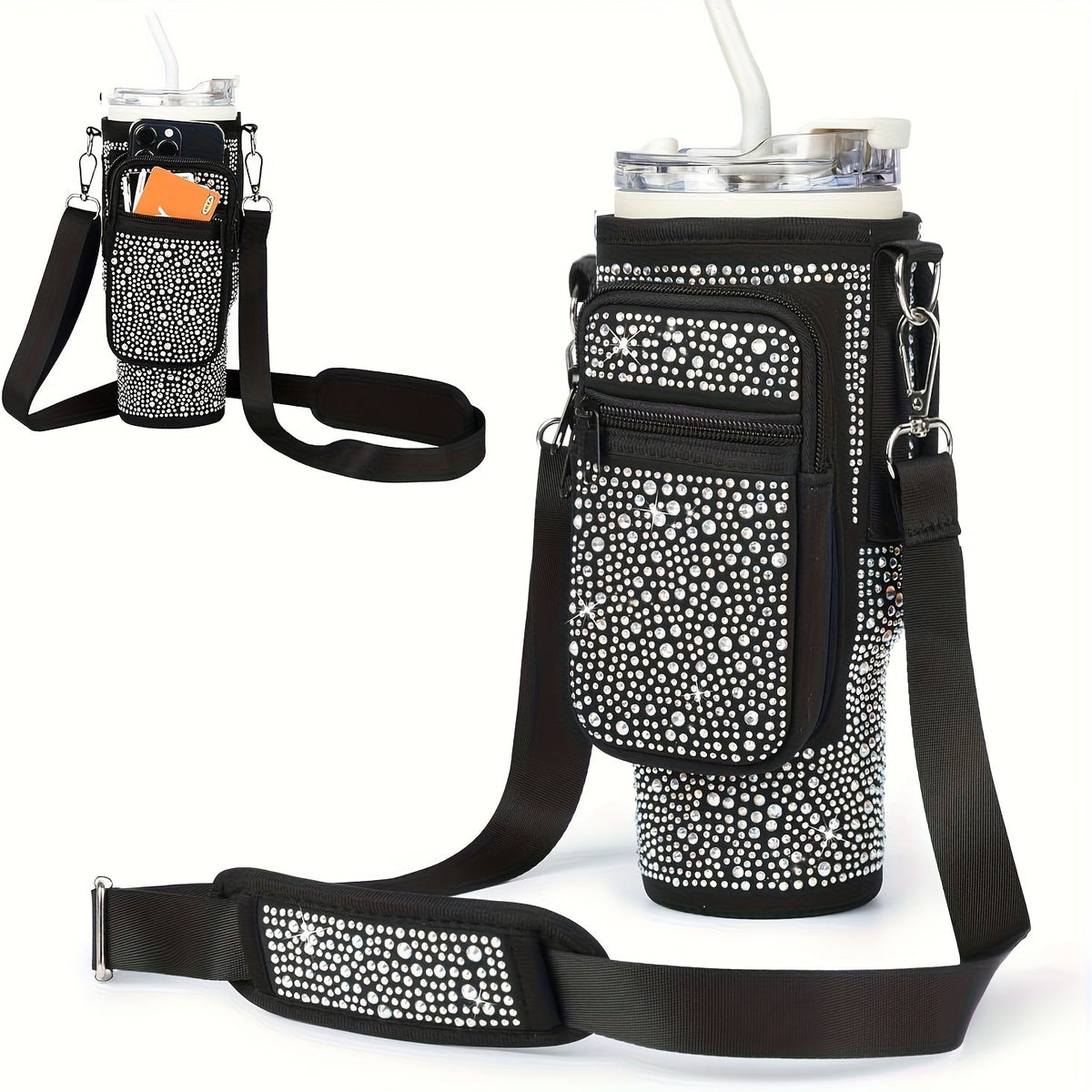 Sac porte-gobelet en néoprène avec poche pour téléphone et bandoulière réglable – Compatible avec les gobelets de 30 et 40 oz, porte-bouteille à clip pour la randonnée, le camping et les sports de plein air, 4 couleurs