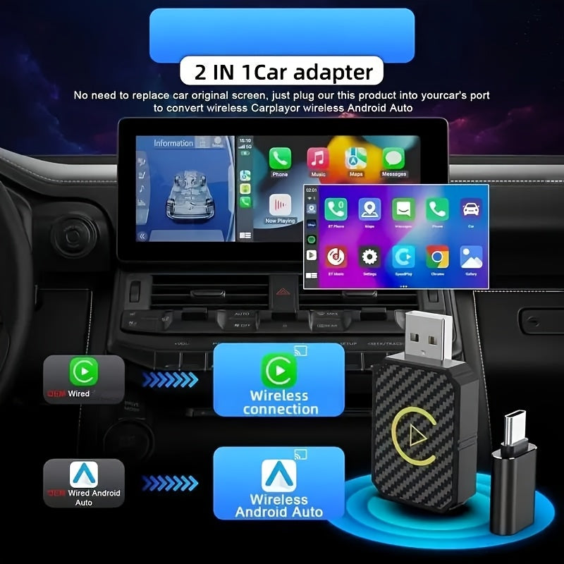 Mini adaptateur CarPlay sans fil, version améliorée 2025 – Dongle Plug & Play pour convertir le CarPlay filaire en sans fil pour Apple iPhone et Android, faible latence, connexion rapide et stable, aucune batterie requise, jeu de ports USB inclus