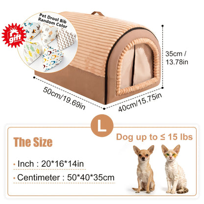 Niche pour chien pliable 2-en-1 toutes saisons – Maison pour animaux entièrement fermée avec poignée, nid douillet, doux et antidérapant, lavable pour chiens et chats de grande, moyenne et petite taille – Bavoir offert – Velora