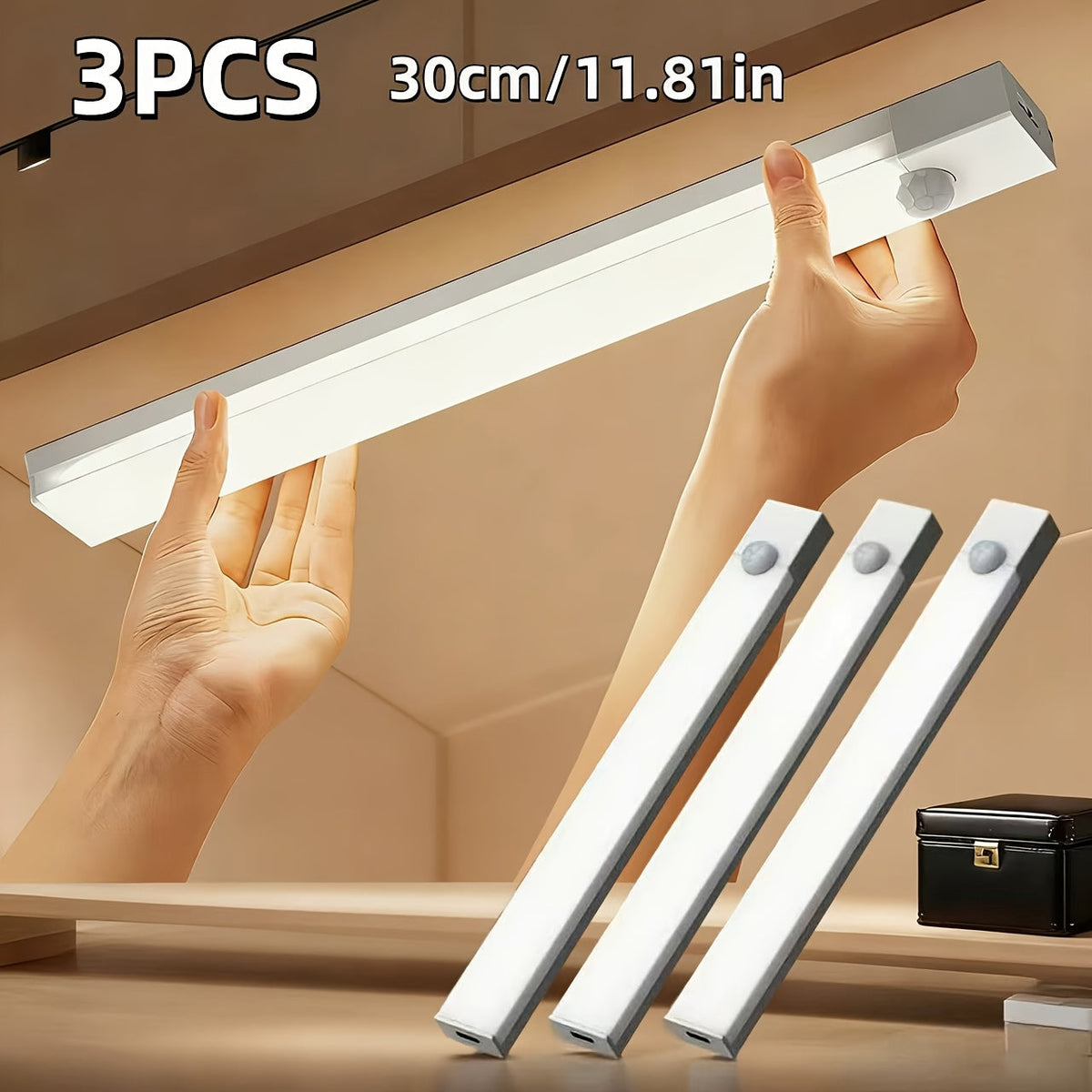 Lot de 3 et 6 éclairages LED pour placards avec détecteur de mouvement et recharge USB-C – Veilleuse magnétique sans fil sous meuble avec 3 modes pour cuisine, placard, escaliers, couloir et salle de bain, 10 cm/20 cm/30 cm