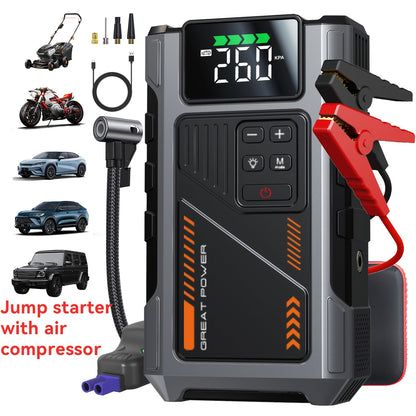 Démarreur de voiture portable 12V avec compresseur d'air en option - Booster de batterie d'urgence pour moteurs essence et diesel, compatible avec berlines, SUV, camions et tondeuses à gazon