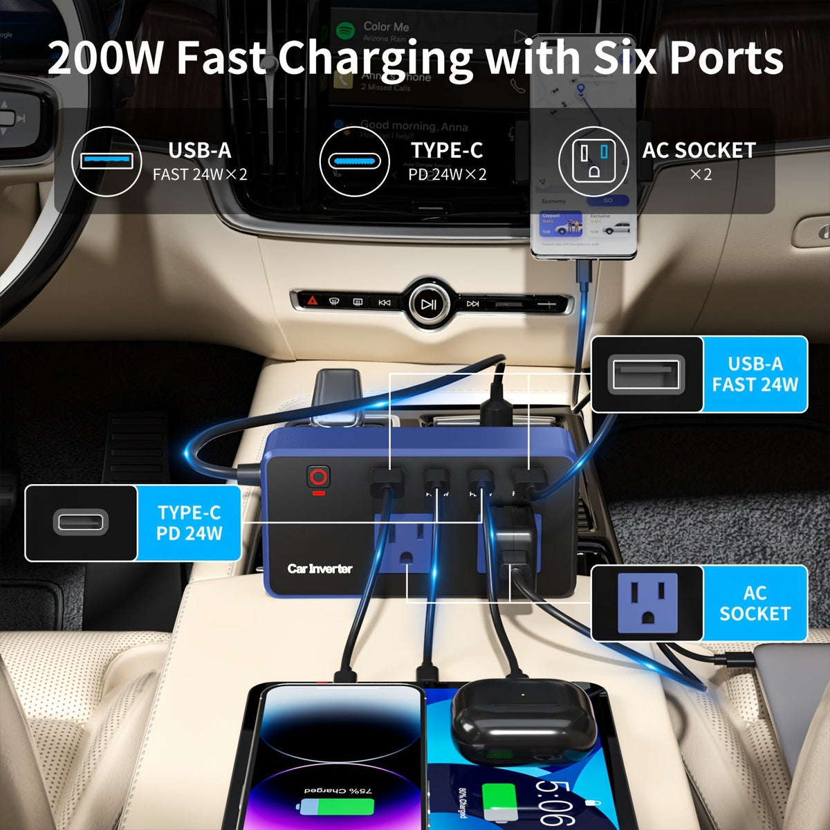 Convertisseur de courant voiture 200W 12V vers 110V CA – Charge rapide USB-C PD 24W, double port USB QC3.0, adaptateur de chargeur voiture multi-protection pour ordinateur portable, téléphone, voyage et route