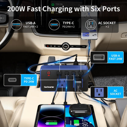 Convertisseur de courant voiture 200W 12V vers 110V CA – Charge rapide USB-C PD 24W, double port USB QC3.0, adaptateur de chargeur voiture multi-protection pour ordinateur portable, téléphone, voyage et route
