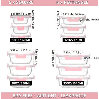 Borosilicate Glass Food Storage Containers 24-Pack (12 Bowls + 12 Airtight Lids) – Meal Prep Glass Bowls, Microwave & Dishwasher & Freezer Safe, BPA Free, Multi-Color Lids for Kitchen & Lunch