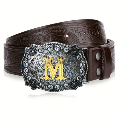 Western Cowboy Belt for Men & Women Embossed Floral Faux Leather – Longhorn Bull Pattern Big Buckle Zinc Alloy, Sizes 34-44, Stylish Durable Country Western Dress Belt Gift for Christmas Father's Day
