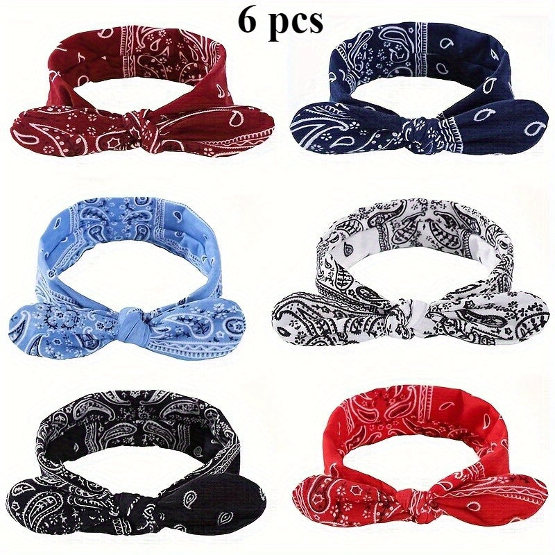 6-Pack Bohemian Paisley Bow Elastic Headbands for Women – Loose Elastic Headscarves in 6 Colors (Sky Blue, Black, Navy, Wine Red, White, Red), All Seasons Outdoor & Daily Wear