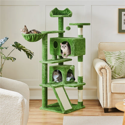 Arbre à chat multiniveaux de 145 cm avec 2 niches – poteaux à griffer en sisal, balle suspendue, plateforme ronde et échelle pour chatons et petits chats d'intérieur, 6 couleurs, cadeau de Noël pour les amoureux des chats