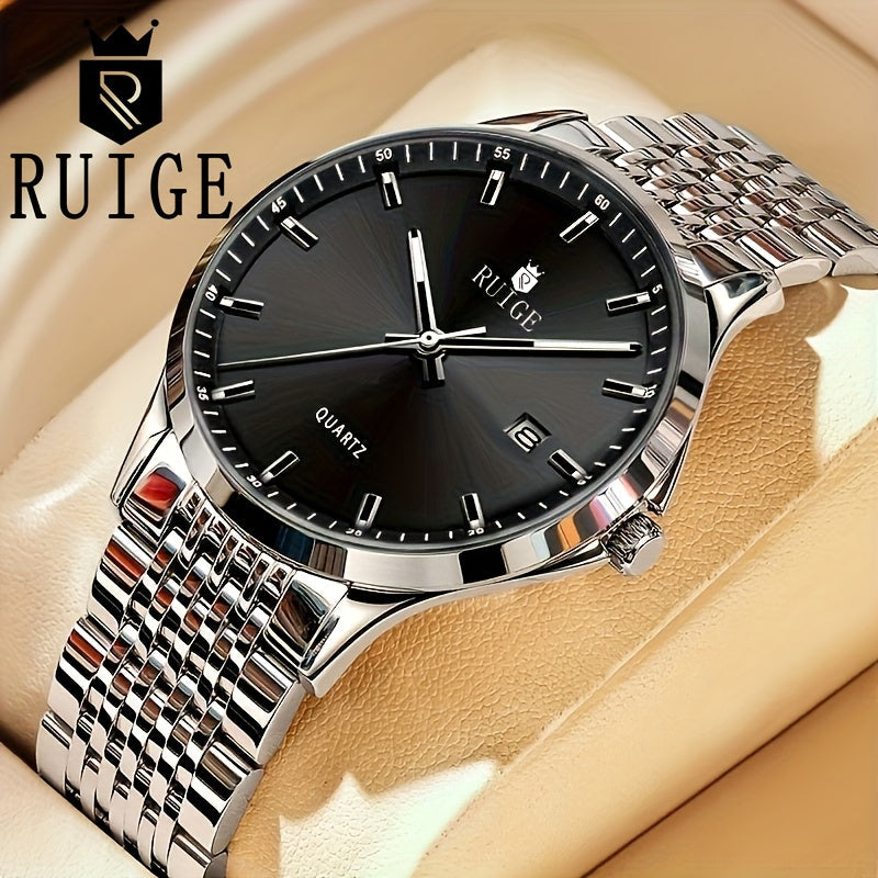 Montre à quartz de luxe pour homme RUIGE en acier inoxydable avec calendrier, fonction nocturne et strass - Montre sport, habillée et décontractée pour homme, cadeau pour lui