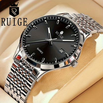 Montre à quartz de luxe pour homme RUIGE en acier inoxydable avec calendrier, fonction nocturne et strass - Montre sport, habillée et décontractée pour homme, cadeau pour lui