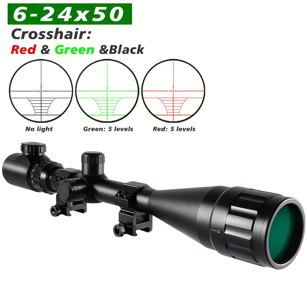 Lunette de visée 6-24x50 AO avec réticule illuminé rouge/vert - Lunette de chasse longue portée avec montage sur rail de 20 mm, viseur optique en alliage d'aluminium
