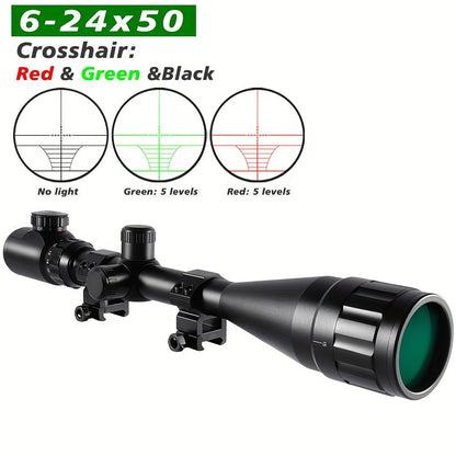 Lunette de visée 6-24x50 AO avec réticule illuminé rouge/vert - Lunette de chasse longue portée avec montage sur rail de 20 mm, viseur optique en alliage d'aluminium