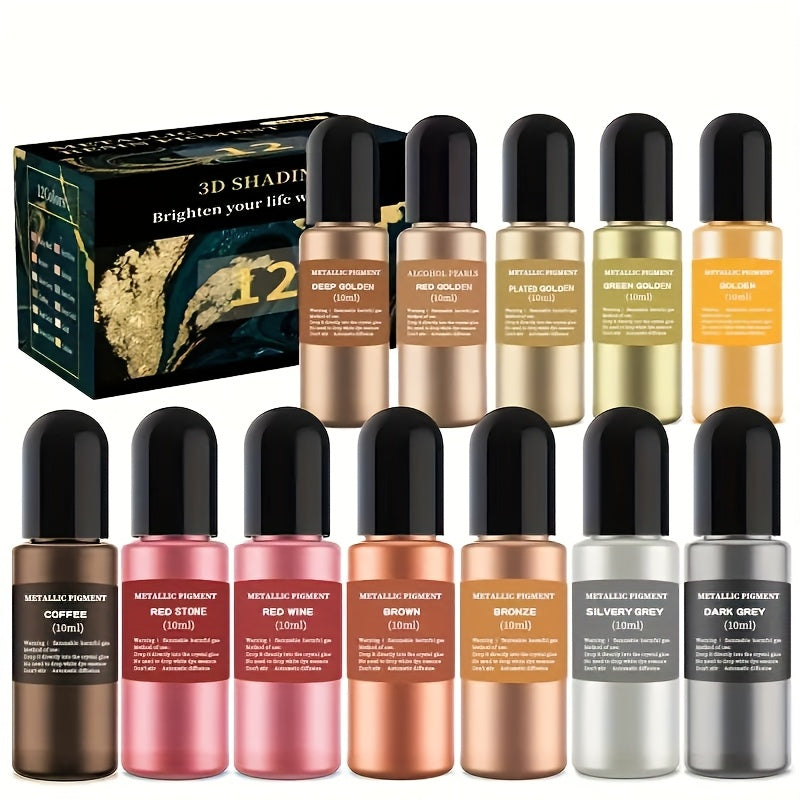 Ensemble de 12 encres à alcool métalliques pour art en résine époxy – Pigment pailleté concentré pour créations en résine type boîte de Petri et gobelets, 10 ml par flacon