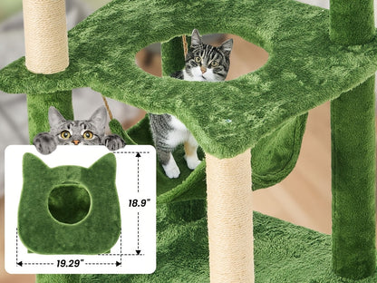 Arbre à chat de 140 cm pour chats d'intérieur avec feuilles vertes – Grande tour à chat multi-niveaux avec hamac, poteaux à griffer en sisal, jouet à suspendre, mobilier pour chat pour salon et chambre
