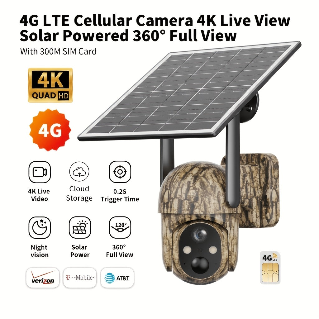 Caméra de surveillance solaire 4G LTE sans fil pour extérieur – Aucune connexion WiFi requise, vision nocturne 4K, vue en direct à 360°, audio bidirectionnel, caméra de chasse étanche pour la surveillance des fermes, ranchs et de la faune