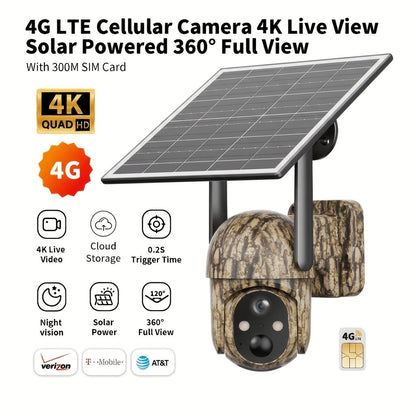 Caméra de surveillance solaire 4G LTE sans fil pour extérieur – Aucune connexion WiFi requise, vision nocturne 4K, vue en direct à 360°, audio bidirectionnel, caméra de chasse étanche pour la surveillance des fermes, ranchs et de la faune