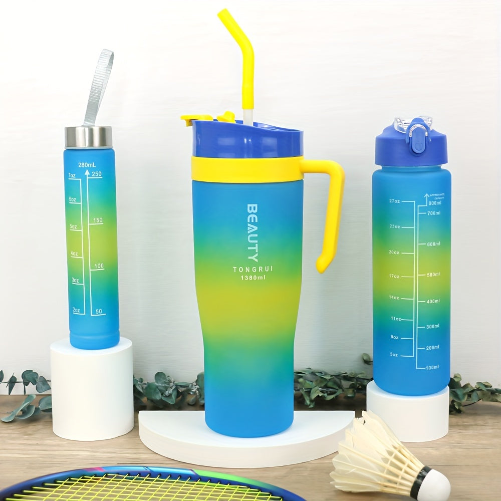 Ensemble de 5 bouteilles d'eau dégradées sans BPA avec paille et couvercle anti-fuite - Bouteilles de sport étanches de 1,3 L, 800 ml et 260 ml pour la gym, les voyages et l'extérieur