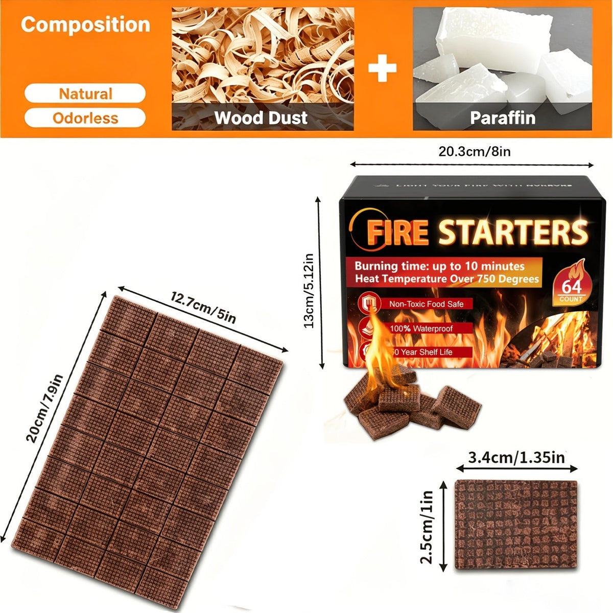 Allume-feu en cubes – Cubes d'allumage pour charbon de bois, imperméables et sans odeur, pour feu de camp, barbecue, grill, cheminée et poêle à bois, aucun petit bois nécessaire, paquets de 32/64/128/192 pièces