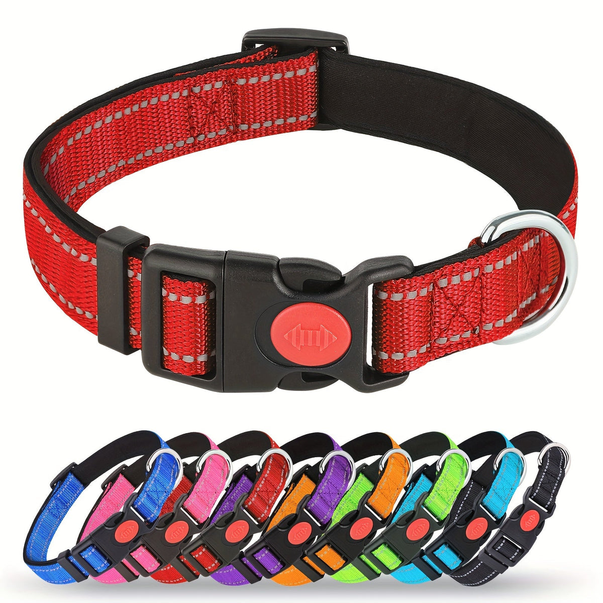 Collier pour chien réfléchissant avec boucle de sécurité verrouillable - Collier pour animal en nylon respirant, rembourré en néoprène doux et réglable pour chiens de petite, moyenne et grande taille, collier de sécurité haute visibilité nocturne